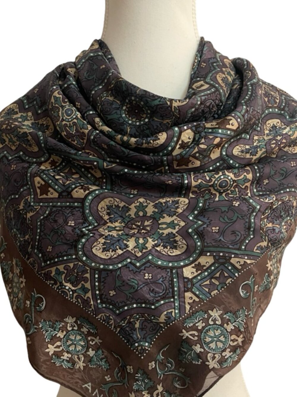 Anne Klein Vintage 100% Silk Scarf – Brown Green Purple Ornate Floral